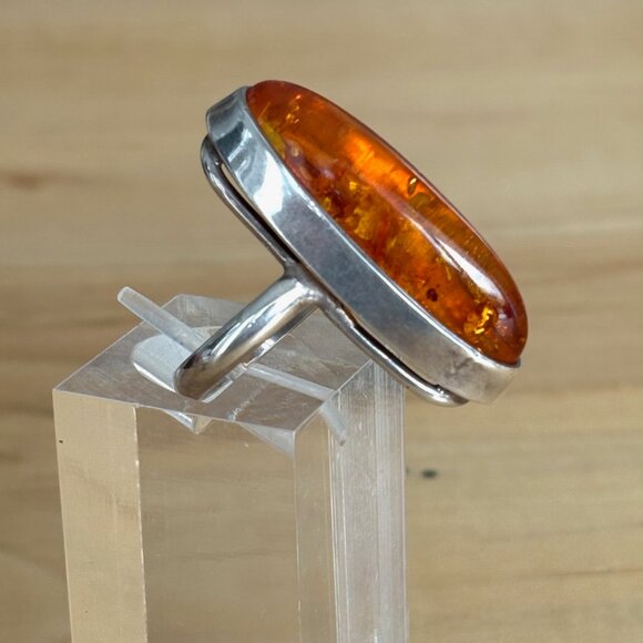 Large Amber & Sterling Silver Statement Ring Artisan Handmade Size 8 - Picture 4 of 16